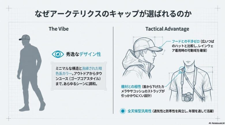 キャップがレインウェアのフードやカメラストラップと干渉しないことを示すイラストと、全天候型汎用性についての解説