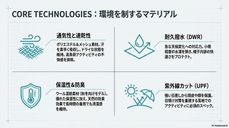 通気性・速乾性、耐久撥水(DWR)、保温性・防臭、紫外線カット(UPF)の4つのアイコンと機能説明