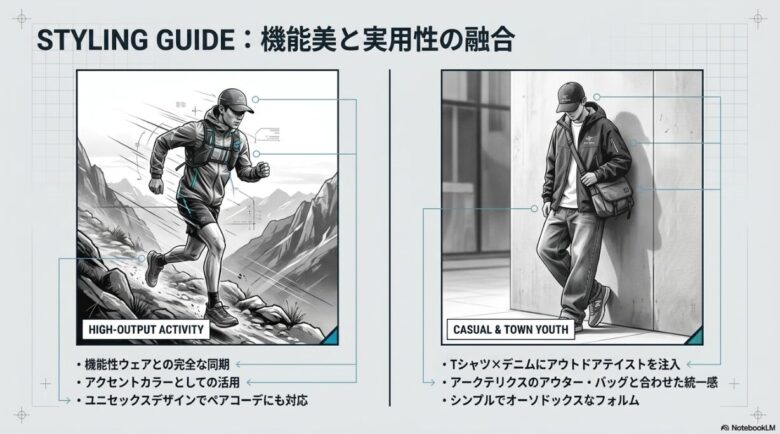 高負荷アクティビティ(山岳走行)とカジュアルな街着(Tシャツ・デニム)でのアークテリクスキャップのコーディネート例。