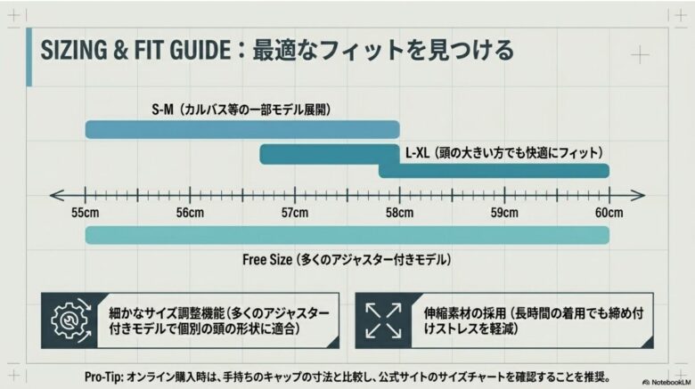 55cmから60cmまでのサイズチャートと、S-M、L-XL、フリーサイズの展開範囲を示す図。