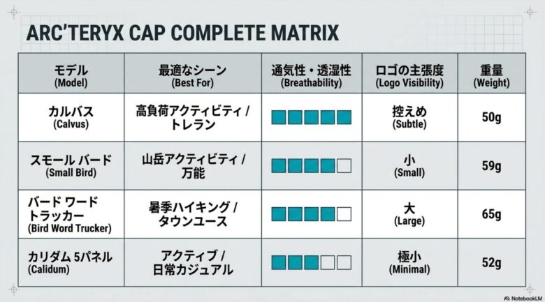 カルバス、スモールバード、バードワードトラッカー、カリダムの各モデルの最適なシーン、通気性、ロゴの主張度、重量を比較したマトリックス表