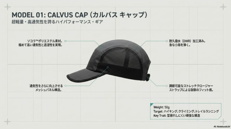 カルバスキャップの製品画像と、ソコラポリエステル素材、メッシュパネル、DWR加工などの特徴解説