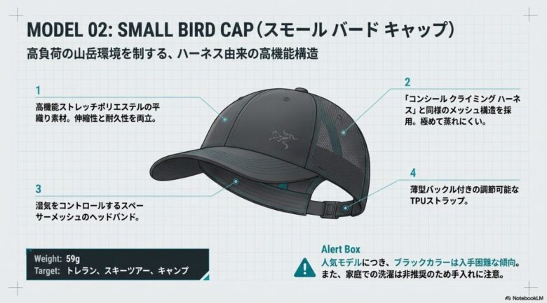 スモールバードキャップの製品画像と、ハーネス由来のメッシュ構造やTPUストラップなどの高機能構造の解説。