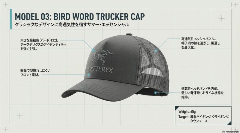 大きな始祖鳥ロゴが特徴的なトラッカーキャップの画像と、高通気メッシュパネル、速乾性ヘッドバンドの解説。