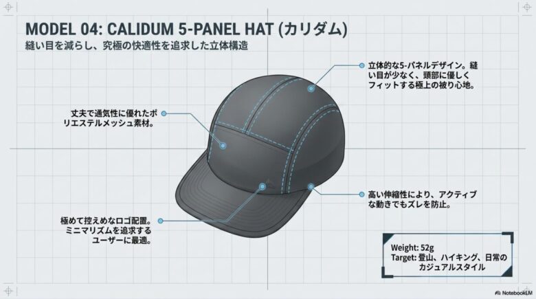 カリダム5パネルハットの立体的なデザインと、ポリエステルメッシュ素材、控えめなロゴ配置についての解説