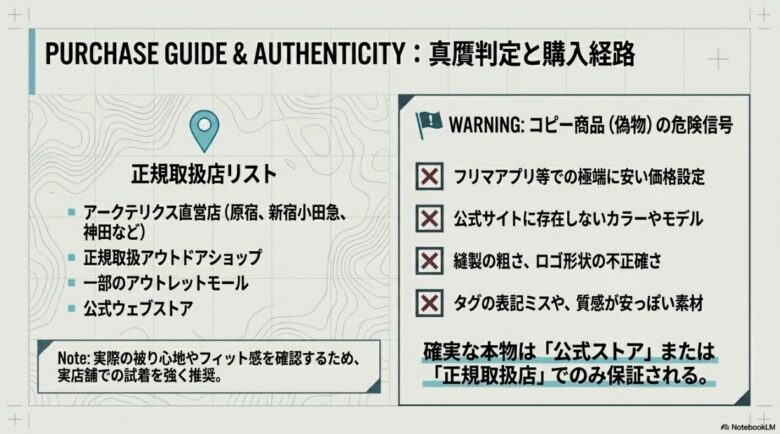 直営店や正規取扱店の一覧と、偽物の特徴(極端に安い価格、公式サイトにないカラー、縫製の粗さなど)の警告リスト