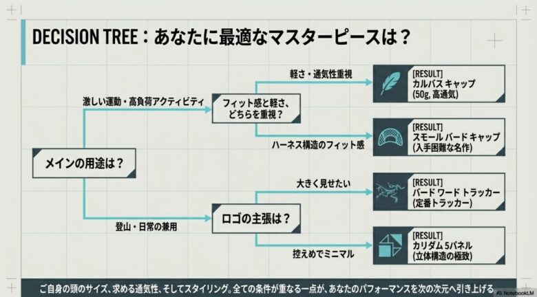 用途(激しい運動か日常か)や重視するポイント(軽さ、ロゴの主張度)から最適なモデル(カルバス、スモールバード等)を導き出すフローチャート
