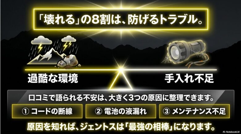 「『壊れる』の8割は、防げるトラブル。」という見出し。原因として①コードの断線、②電池の液漏れ、③メンテナンス不足の3点が挙げられている。