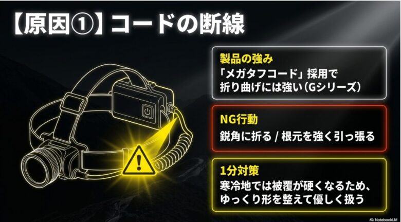 断線しやすいコードの根元に注意マークがあるヘッドライトのイラスト。「鋭角に折る」「根元を強く引っ張る」などのNG行動と、寒冷地では優しく扱うという対策が解説されている。