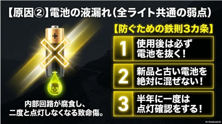 液漏れにより内部回路が腐食するリスクを警告。「使用後は必ず電池を抜く」「新旧電池を混ぜない」「半年に一度は点灯確認」という鉄則が記載されている