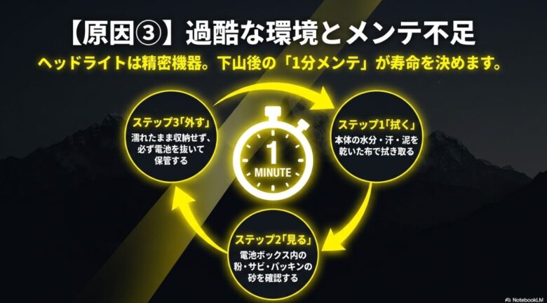 ステップ1「拭く（水分・汗・泥）」、ステップ2「見る（粉・サビ・砂）」、ステップ3「外す（電池を抜いて保管）」という3つのメンテナンス手順が図解されている