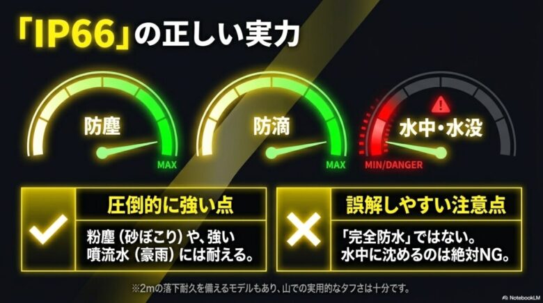 防塵・防滴の強さを示すグラフ。砂ぼこりや豪雨には強いが、完全防水ではないため「水中・水没」は絶対NG（DANGER）であるという比較が示されている
