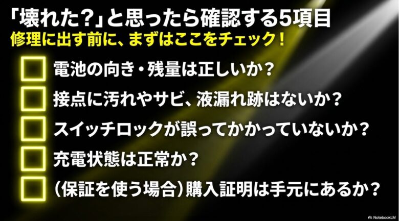 壊れた？」と思った時に確認すべき、電池の向き・残量、接点の汚れ、スイッチロック、充電状態、購入証明の有無の5項目がリストアップされている