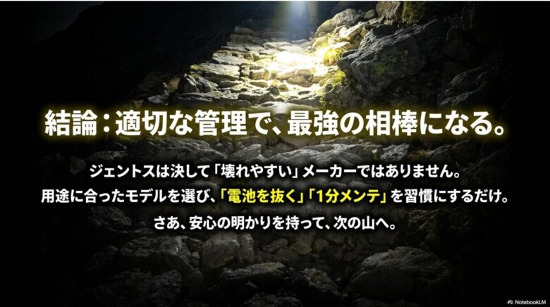 記事の結論スライド。「適切な管理で、最強の相棒になる。」という大きな文字。用途に合ったモデル選びと「電池を抜く」「1分メンテ」の習慣化を呼びかけるメッセージ。