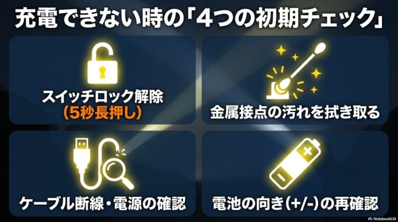 スイッチロック解除、接点の清掃、断線確認、電池の向き確認の4項目を示すイラスト