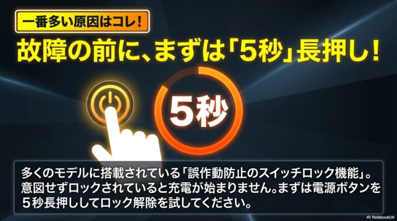 電源ボタンを5秒間長押ししてスイッチロックを解除することを促す解説画像