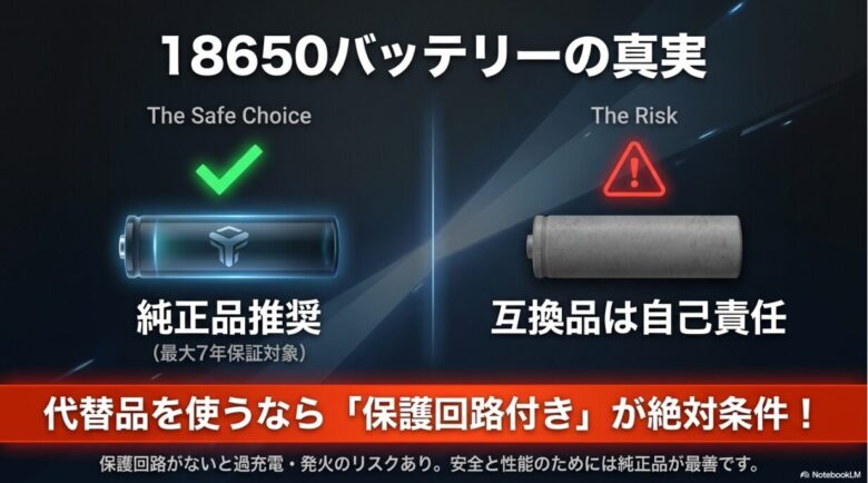 純正バッテリーの推奨と互換品使用時の保護回路の必要性を説明する画像