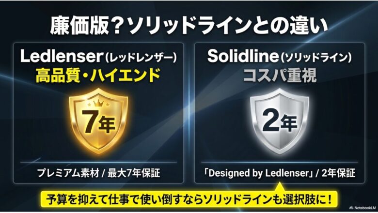 レッドレンザーの7年保証と高品質素材、ソリッドラインの2年保証とコスパを比較した図解