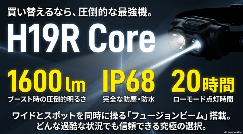 1600ルーメンの明るさとIP68の防水防塵性能を持つH19R Coreの紹介スライド