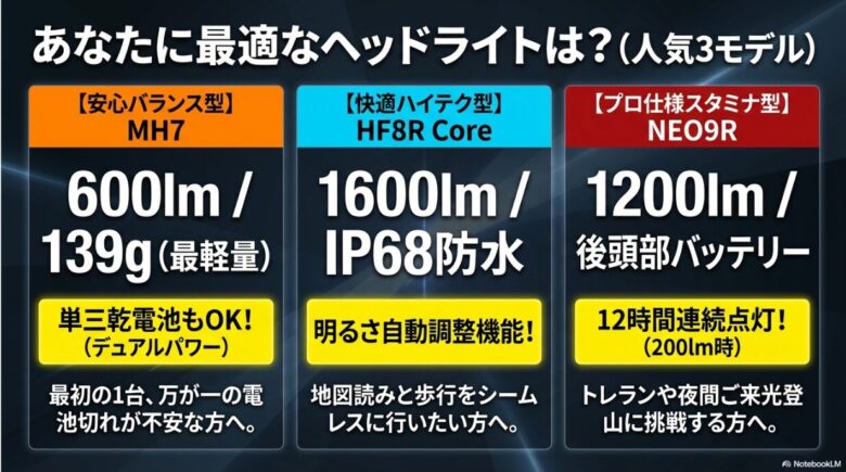 安心バランス型のMH7、ハイテク型のHF8R Core、スタミナ型のNEO9Rを比較した図解