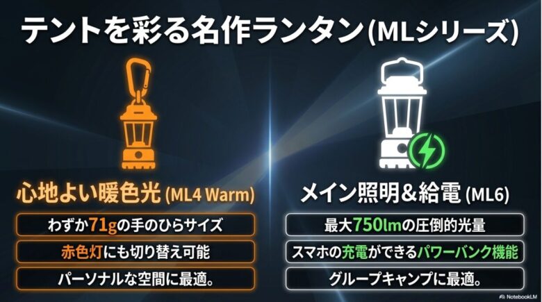 コンパクトなML4 Warmとパワーバンク機能付きのML6を紹介するランタン比較スライド