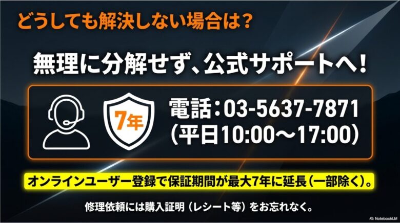 困った時は無理に分解せず公式サポートへ相談することと、オンライン登録で最大7年保証になることを示す画像