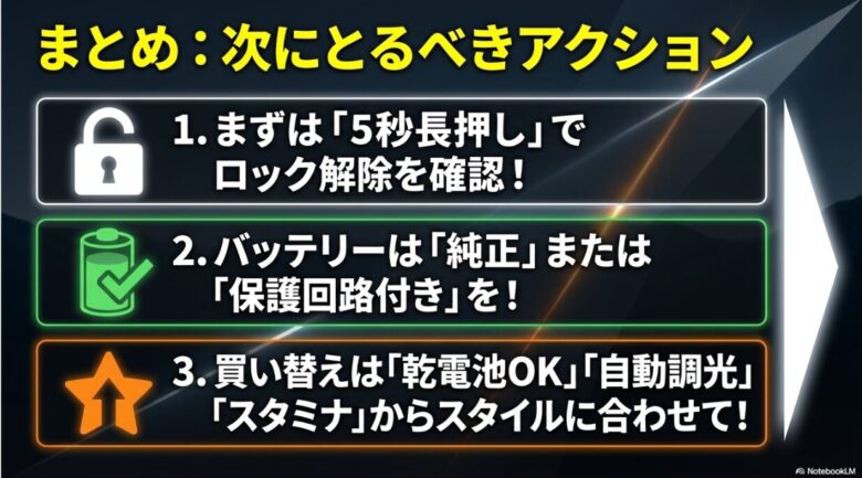 ロック解除の確認、純正バッテリーの推奨、スタイルに合わせた買い替えを提案するまとめ画像