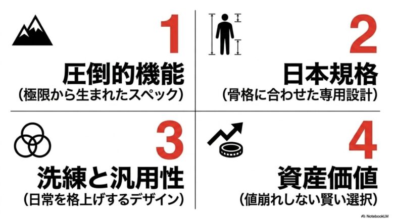 圧倒的機能、日本規格、洗練と汎用性、資産価値というノースフェイスの4つの大きな特徴をまとめたインフォグラフィック。