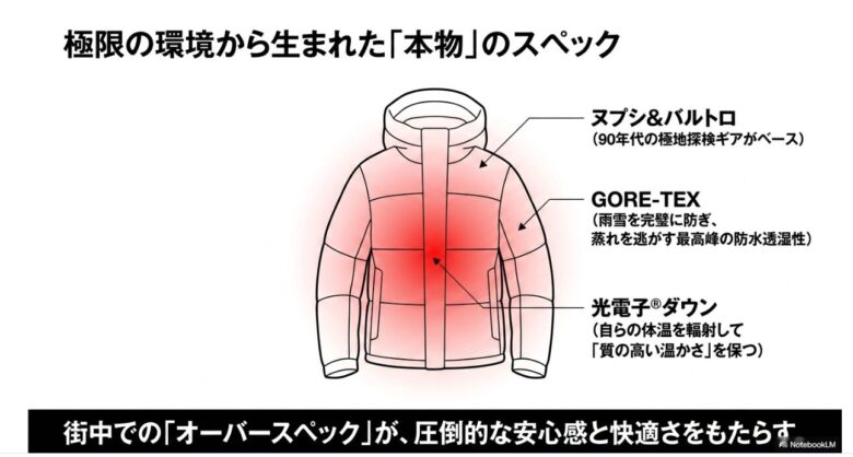 ヌプシやバルトロを例に、GORE-TEX(防水透湿性)や光電子ダウン(保温性)の仕組みを図解した機能説明画像。