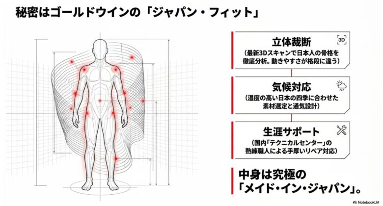 最新3Dスキャンによる立体裁断、日本の気候への対応、国内テクニカルセンターでの生涯サポートを解説するジャパン・フィットのイメージ図。