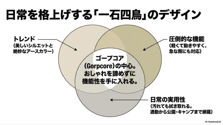 トレンドのシルエット、ゴープコアの中心としてのファッション性、そして通勤からキャンプまで網羅する実用性を解説したスライド。