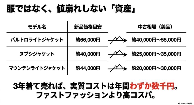 バルトロ、ヌプシ、マウンテンライトの価格表と、3年着て売れば年間コストは数千円という高コスパな資産価値を解説した図。