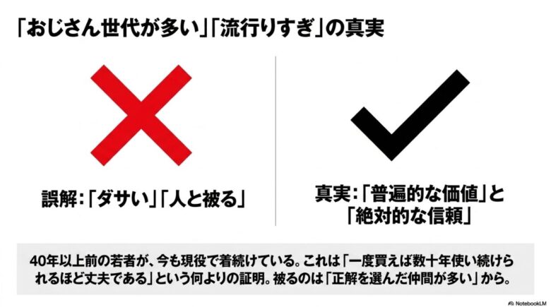 「ダサい・被る」という誤解に対し、40年以上愛される「普遍的な価値」と「絶対的な信頼」こそが真実であると説明する比較画像。