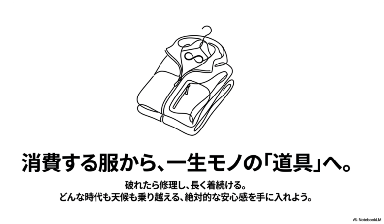 破れたら修理して長く着続ける、どんな時代も天候も乗り越える絶対的な安心感を手に入れようというメッセージが込められたクロージング画像