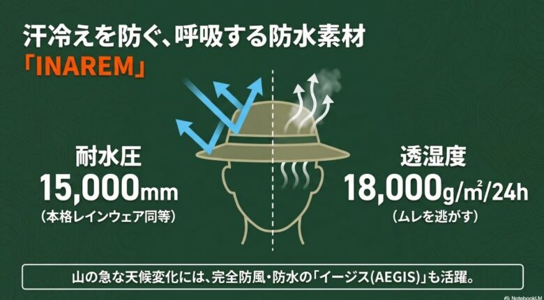 耐水圧15,000mm、透湿度18,000g/m²/24hというスペックと、雨天時の視界を確保するパイピング加工を解説したスライド
