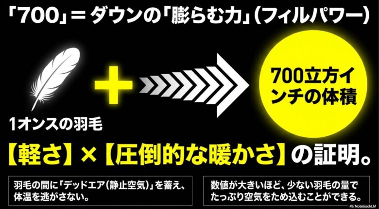 1オンスの羽毛が700立方インチに膨らむ様子と、デッドエア(静止空気)を蓄える仕組みを解説した図解スライド