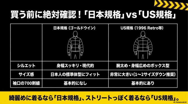 日本規格とUS規格のシルエットの違いをイラストで比較し、サイズ感や袖口の刺繍の有無についてまとめた比較スライド