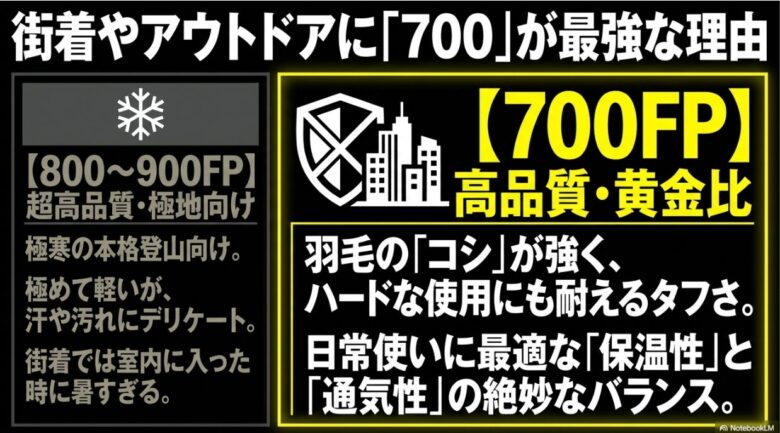 超高品質な800〜900FPと、タフでバランスの良い700FPの違いを、街着やアウトドアの視点で比較したスライド