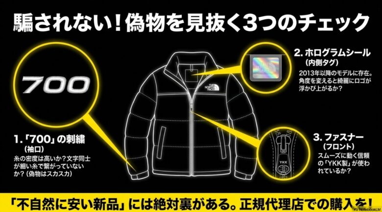 袖口の700刺繍、内側タグのホログラムシール、YKKファスナーの3点で見分ける本物と偽物の判別ガイド