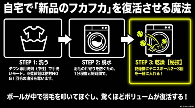 ダウン専用洗剤での洗浄から、テニスボールを使った乾燥機でのボリューム復活術まで、3ステップで解説するメンテナンススライド