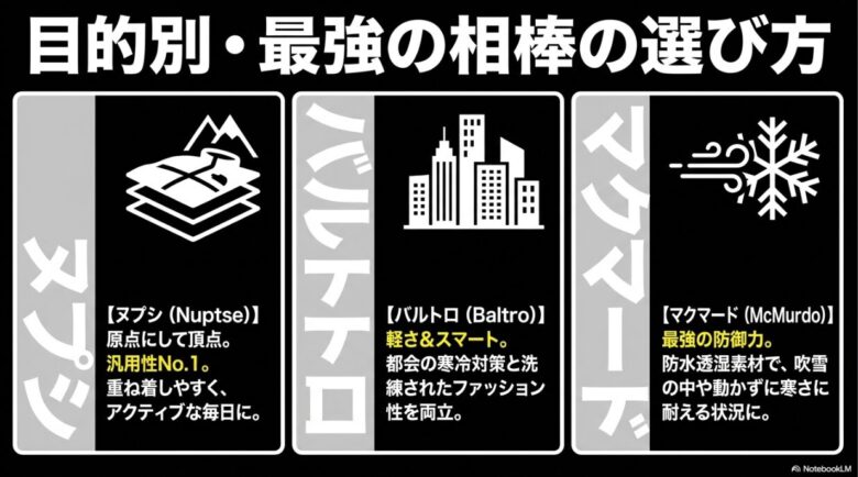 バルトロ、マクマード、ヌプシの3モデルについて、それぞれの特徴と最適な着用シーンを比較したスライド