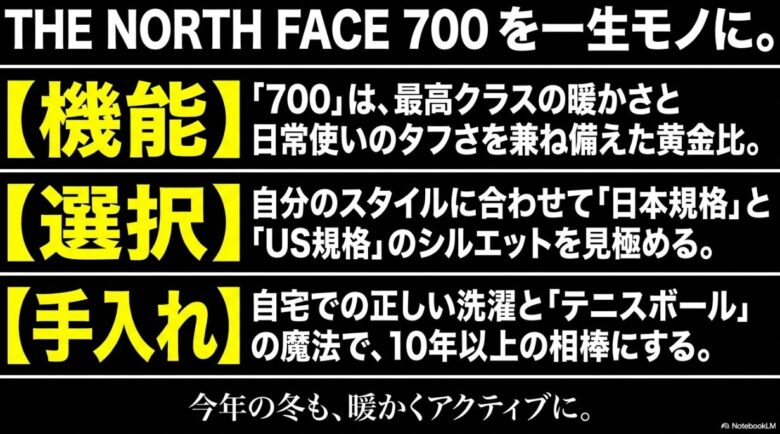 700FPの機能、規格の選択、正しい手入れの3つの重要ポイントをまとめた総括スライド