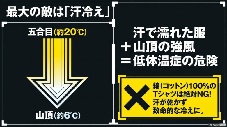 富士登山の最大の敵は汗冷えであり、五合目と山頂の気温差や綿100%Tシャツの危険性を図解したスライド画像