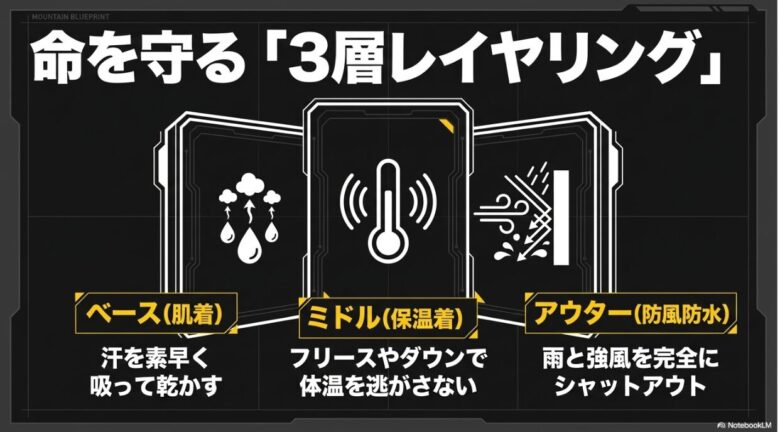 命を守る3層レイヤリングとして、ベースレイヤー、ミドルレイヤー、アウターレイヤーのそれぞれの役割を解説したスライド画像