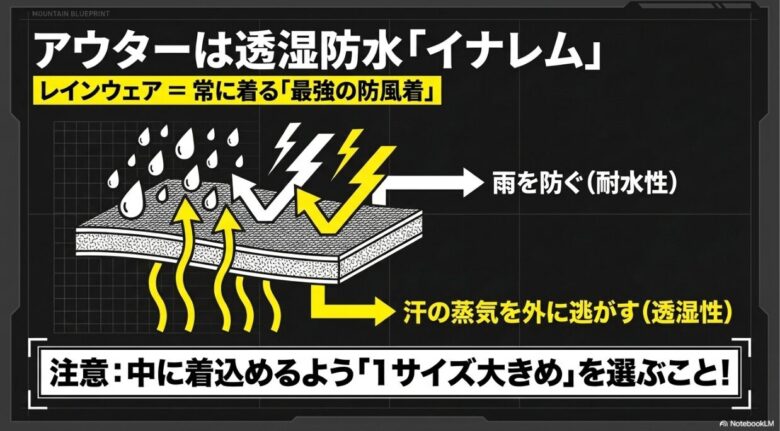 アウターは透湿防水イナレムを採用し、雨を防ぎながら汗の蒸気を外に逃がす仕組みを解説したスライド画像