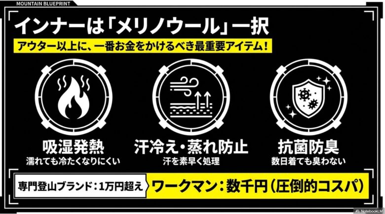 インナーはメリノウール一択として、吸湿発熱、汗冷え防止、抗菌防臭などの特徴と圧倒的なコスパの高さを解説したスライド画像