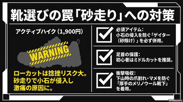 ローカットによる捻挫リスクや、砂走りでの小石侵入を防ぐゲイターの必須性、厚手靴下の重要性を解説したスライド画像