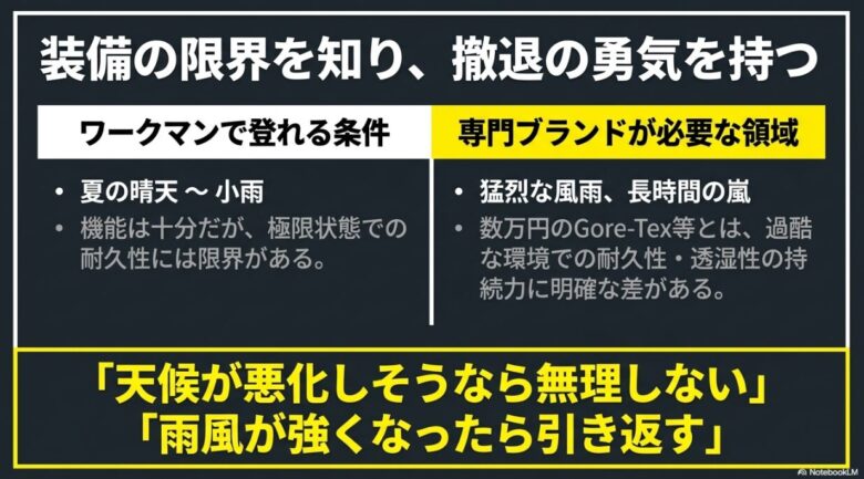 ワークマン装備の限界と専門ブランドとの耐久性の差を理解し、天候悪化時には無理せず引き返す撤退の勇気を持つことの重要性を説いたスライド画像