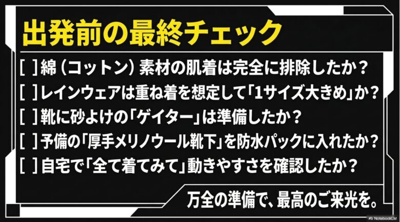 出発前に確認すべき、綿素材の排除、レインウェアのサイズ、ゲイターの準備、予備靴下、事前の試着などの最終チェック項目をまとめたスライド画像