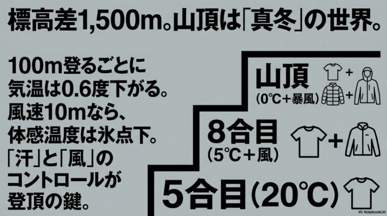 五合目(20℃)から山頂(0℃+暴風)への気温低下と、風速10mによる体感温度氷点下の危険性を示す図解。
